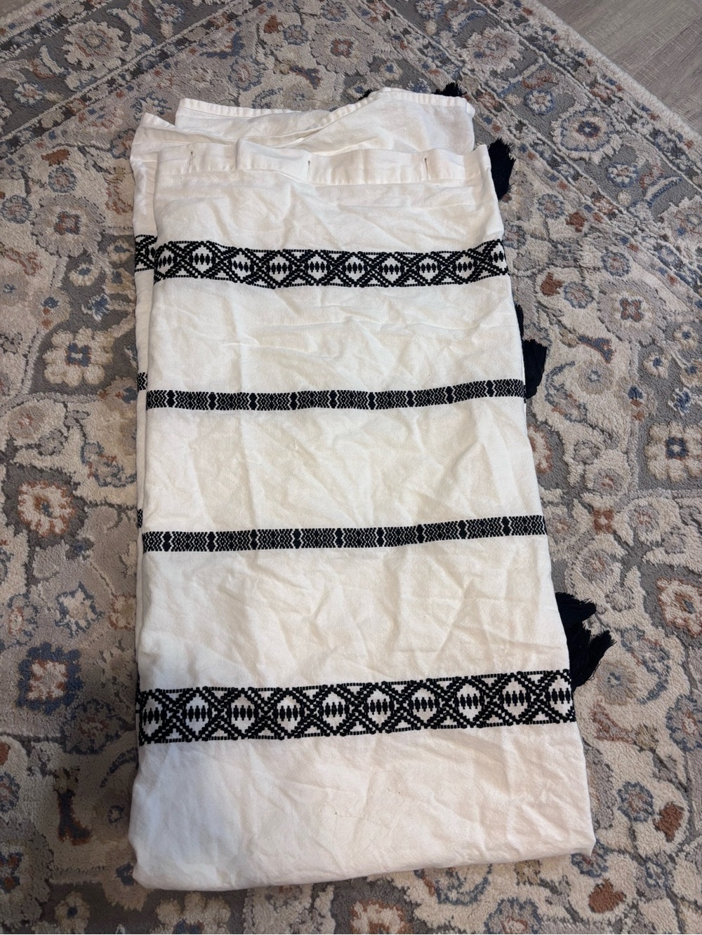 White Cotton Shower with Black Geometric Stripes